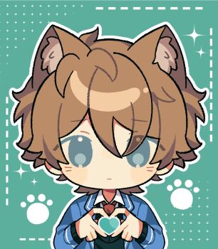 Rule 34 | 1boy, animal ears, black sweater, blue jacket, brown hair, cat ears, closed mouth, collared shirt, commentary, ensemble stars!, extra ears, eyes visible through hair, green background, green eyes, hands up, heart, heart hands, highres, jacket, long sleeves, looking at viewer, male focus, mei tongzhi wo a, necktie, outline, paw print, red necktie, school uniform, shirt, short hair, simple background, solo, sparkle, sweater, symbol-only commentary, takamine midori, upper body, white outline, yumenosaki school uniform