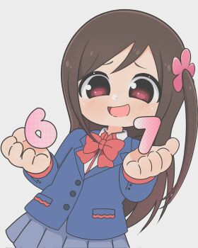 1girl 67_(meme) blue_shirt blue_skirt bow brown_hair buttons chibi collared_shirt commentary dot_nose hair_ornament highres hitori_bocchi hitoribocchi_no_marumaru_seikatsu light_blush long_hair long_sleeves looking_at_viewer meme open_mouth pink_eyes pleated_skirt pocket red_bow shirt side_ponytail silkie_(nalegriaxd) simple_background skirt smile solo standing white_background white_shirt