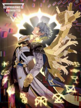 Rule 34 | 1boy, absurdres, armor, belt, black gloves, black pants, blue cape, cape, commentary request, fingerless gloves, gloves, gold tattoo, grey hair, hair between eyes, highres, honkai: star rail, honkai (series), male focus, neck tattoo, pants, parted lips, pauldrons, phainon (honkai: star rail), profile, shiba (tonari no shiba inu), short hair, shoulder armor, single pauldron, solo focus, sun symbol, sun tattoo, tan, tattoo, two-sided cape, two-sided fabric, yellow cape, yellow eyes