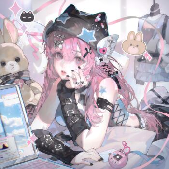 1girl arm_tattoo bare_shoulders beanie belt black_hair black_nails black_skirt blue_eyes bow breasts computer hair_between_eyes hair_ornament hairclip hat jewelry jirai_kei laptop large_variant_set long_hair looking_at_viewer lying nail_polish on_stomach original parted_lips piercing pillow ribbon ring shirt skirt sleeveless solo star_(symbol) star_symbol star_tattoo stuffed_animal stuffed_toy tai01 tattoo variant_set