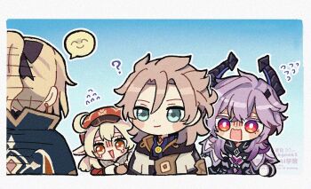 2boys 2girls :d albedo_(genshin_impact) black_horns blonde_hair blue_background blue_eyes blue_shirt blush_stickers border bright_pupils brown_eyes brown_hair chibi chibi_only closed_mouth commentary_request cropped_torso double-parted_bangs flying_sweatdrops genshin_impact hat horns jean_(genshin_impact) klee_(genshin_impact) long_hair mini_durin_(genshin_impact) mini_durin_(human)_(genshin_impact) mkgnmk3 multiple_boys multiple_girls open_mouth outline purple_hair red_hat shirt short_hair smile tears watermark white_border white_outline white_pupils yellow_eyes