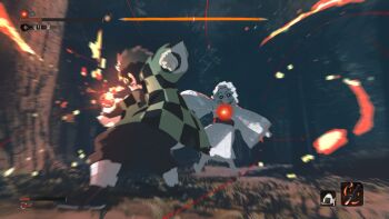 2boys black_pants black_sclera black_shirt blurry_edges brown_hair checkered_haori colored_sclera demon_slayer_uniform earrings food haori health_bar holding holding_sword holding_weapon japanese_clothes jewelry kamado_tanjirou katana kimetsu_no_yaiba kimono multiple_boys night onigiri pants rui_(kimetsu_no_yaiba) samidare_(hoshi) sekiro:_shadows_die_twice shirt sword tree user_interface weapon white_hair white_kimono