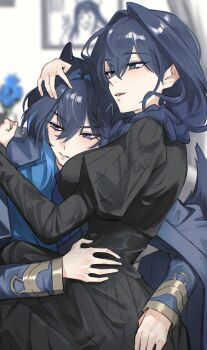 2girls absurdres black_dress black_hair blue_coat blue_eyes blue_hair blue_jacket blue_necktie blue_shirt blurry blurry_background braid breasts coat coat_on_shoulders collared_shirt colored_inner_hair commentary dress fanged_bangs hair_intakes hair_over_shoulder hand_on_another's_head highres hololive hololive_english hug hunk_404 indoors jacket juliet_sleeves large_breasts long_hair long_sleeves low_twin_braids military_jacket military_uniform multicolored_hair multicolored_jacket multiple_girls necktie official_alternate_costume official_alternate_hairstyle open_mouth ouro_kronii ouro_kronii_(4th_costume) ouro_kronii_(maid) puffy_sleeves selfcest shirt smile twin_braids two-tone_jacket untranslatable_commentary virtual_youtuber wolf_cut yuri