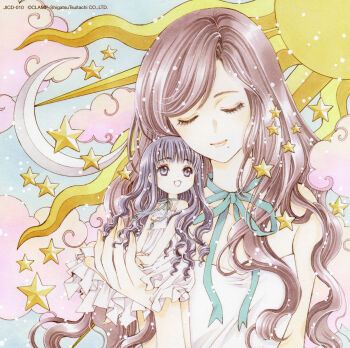 1990s_(style) 2girls :d artist_name black_hair blunt_bangs brown_hair cardcaptor_sakura choker clamp cloud crescent_moon daidouji_tomoyo dress eyelashes highres iwao_junko light_purple_hair light_smile long_hair marker_(medium) mini_person minigirl mole moon multiple_girls official_art open_mouth parted_bangs real_life retro_artstyle ribbon_choker scan smile star_(symbol) sun sun_symbol traditional_media voice_actor wavy_hair white_dress