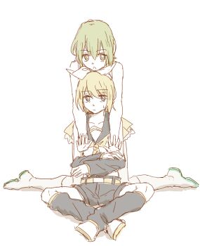 2girls black_leg_warmers black_sailor_collar black_shorts blonde_hair blue_eyes bow chin_rest closed_mouth commentary_request green_eyes green_hair gumi hair_bow hair_ribbon head_on_head head_rest hug hug_from_behind indian_style kagamine_rin leg_warmers multiple_girls neckerchief parted_lips ribbon sailor_collar shirt short_hair shorts simple_background sitting sweatdrop vocaloid white_background white_bow white_shirt wounds404 yellow_neckerchief