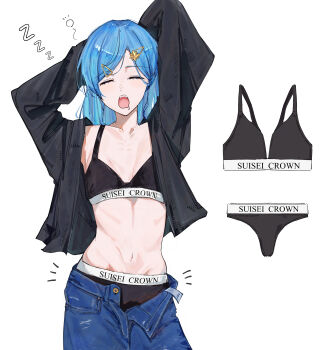 1girl absurdres arms_up black_bra black_panties black_shirt blue_hair blue_pants bra brand_name_imitation breasts calvin_klein character_name closed_eyes collarbone commentary denim drooling hair_ornament hairclip highres hololive hoshimachi_suisei jeans navel open_clothes open_fly open_mouth open_shirt panties pants shirt simple_background sleepy small_breasts solo stomach symbol-only_commentary underwear virgo76612871 virtual_youtuber white_background yawning