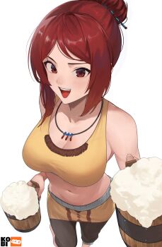 1girl :d absurdres alcohol artist_logo artist_name bare_shoulders barefoot beer beer_mug black_shorts borrowed_character breasts cleavage collarbone commentary commission cup english_commentary feet_out_of_frame from_above hair_bun hair_ornament hair_stick highres holding holding_cup jewelry kobi420 large_breasts light_blush logo looking_to_the_side midriff mug navel necklace nose open_mouth original red_eyes red_hair shorts sidelocks simple_background skirt smile solo sparkle tank_top teeth tongue upper_teeth_only white_background yellow_skirt yellow_tank_top