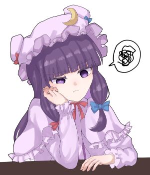 Rule 34 | 1girl, arm rest, blue bow, bow, closed mouth, commentary request, crescent, dinotodon, double bun, dress, elbow rest, frilled hat, frills, hair bow, hair bun, hand on own cheek, hand on own face, hat, hat bow, highres, long hair, long sleeves, mob cap, neck ribbon, patchouli knowledge, purple dress, purple eyes, purple hair, purple hat, purple robe, red bow, red ribbon, ribbon, robe, solo, table, touhou, twintails