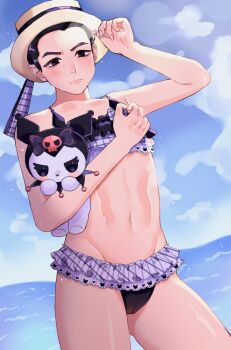 1boy bikini bikini_skirt black_eyes black_hair blue_sky blush cameltoe crossdressing crossdressing_(mtf) cuntboy day hat hat_ribbon highres holding holding_stuffed_toy judge_eyes kuroiwa_mitsuru kuromi looking_at_viewer male_focus navel ocean onegai_my_melody outdoors ribbon sanrio short_hair sky solo stomach stuffed_toy sukimono_hamu swimsuit