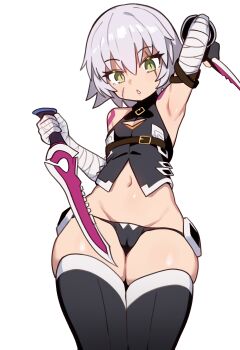1girl absurdres arm_belt arm_up armpits bad_link bandaged_arm bandages bare_shoulders black_boots black_panties black_shirt black_thighhighs boots breasts cameltoe cleavage_cutout clothing_cutout dagger dual_wielding ebora facial_scar fate/apocrypha fate/grand_order fate_(series) gloves green_eyes grey_hair groin hand_up highres holding holding_dagger holding_knife holding_weapon jack_the_ripper_(fate/apocrypha) knife loli looking_at_viewer lowleg lowleg_panties maria_the_ripper midriff navel panties pear-shaped_figure petite reverse_grip scar scar_across_eye scar_on_cheek scar_on_face shirt short_hair shoulder_tattoo simple_background single_glove sleeveless sleeveless_shirt small_breasts solo tattoo thigh_boots thighhighs thighs triangle_mouth underwear weapon white_background wide_hips