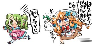 2girls :d animal apron blue_eyes blue_flower braid brown_hair brown_skirt chasing commentary_request double_bun flower green_eyes green_hair hair_between_eyes hair_bun hair_flower hair_ornament headscarf holding holding_animal hood hood_down hooded_jacket jacket kanikama long_hair mantis morinaka_kazaki motion_lines multiple_girls nijisanji open_clothes open_jacket open_mouth otogibara_era pink_jacket pink_shirt pink_shorts pleated_skirt puffy_short_sleeves puffy_sleeves running shirt short_shorts short_sleeves shorts skirt smile speed_lines striped_clothes striped_legwear striped_thighhighs sweat thighhighs translation_request very_long_hair virtual_youtuber wavy_mouth white_apron white_background white_flower