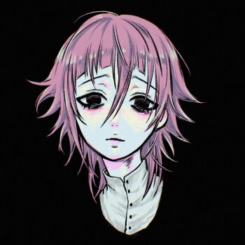 1other ahoge androgynous bags_under_eyes black_background black_eyes collar crona_(soul_eater) hair_between_eyes hashtag-only_commentary highres myoart other_focus pale_skin pink_hair portrait short_hair soul_eater