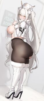 1girl areola_slip ass aster_crowley blanc_(fortune_express)_(nikke) blanc_(nikke) blush breasts curvy full_body goddess_of_victory:_nikke grin high-waist_pantyhose high_heels highres large_breasts long_hair long_sleeves looking_at_viewer pantyhose sideboob smile solo thick_thighs thighs white_hair wide_hips yellow_eyes