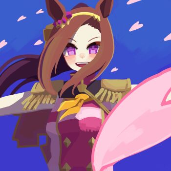 1girl animal_ears blue_background blush breasts brown_hair ear_ornament epaulettes flower_in_eye gold_hairband hairband highres horse_ears horse_girl long_hair looking_at_viewer neckerchief okayu_oziya open_mouth petals ponytail purple_eyes sakura_bakushin_o_(blossom_in_learning)_(umamusume) sakura_bakushin_o_(umamusume) shirt simple_background sleeveless smile solo symbol_in_eye teeth umamusume upper_body upper_teeth_only yellow_neckerchief