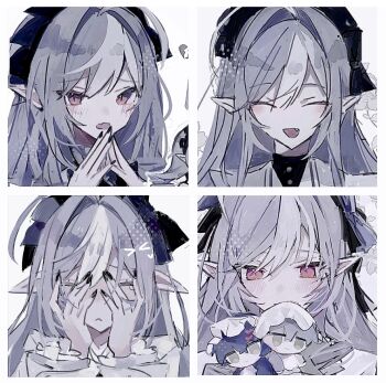 Rule 34 | :<, abrnb, absurdres, ahoge, belle (zenless zone zero), black nails, blush, character doll, closed mouth, commentary request, doll, fang, frilled sleeves, frills, hair between eyes, highres, long hair, looking at viewer, mole, mole under eye, multiple views, open mouth, own hands together, pointy ears, portrait, purple hair, red eyes, skin fang, vivian banshee, white background, wise (zenless zone zero), zenless zone zero