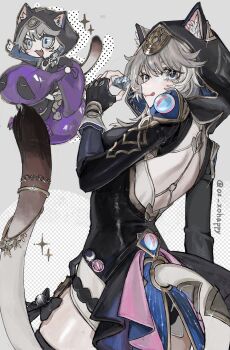 1girl animal_ear_fluff animal_ears animal_hood bell blue_eyes bow cat_ears cat_girl cat_hood cat_tail charm_(object) cipher_(honkai:_star_rail) clothing_cutout colored_skin commentary commentary_request diamond_(gemstone) fingerless_gloves gloves grey_hair highres honkai:_star_rail honkai_(series) hood jewelry layered_clothes leotard ox_xohappy purple_skin sparkle spirithief_bartholos_(honkai:_star_rail) tail tongue tongue_out