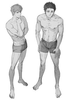 Rule 34 | 2boys, absurdres, barefoot, boxers, chino1048, collarbone, expressionless, feet, full body, hand on own chin, hand on own elbow, hand on own thigh, highres, male focus, male pubic hair, male underwear, mob psycho 100, multiple boys, muscular, muscular male, nipples, pubic hair, reigen arataka, serizawa katsuya, simple background, underwear, underwear only, white background