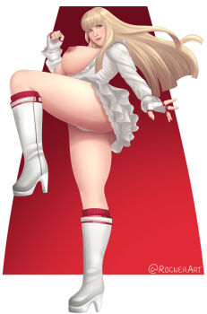 1girl artist_name ass blonde_hair boots breasts emilie_de_rochefort fingerless_gloves full_body gloves highres large_breasts long_hair looking_at_viewer nipples open_clothes rocner simple_background solo tekken thighs