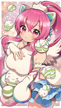 1girl animal_ears bare_shoulders bemani blush breasts cat_ears closed_mouth commentary_request crop_top crown detached_sleeves eyelashes fake_animal_ears feathered_wings foot_out_of_frame frilled_skirt frills gloves hair_between_eyes hair_ornament hand_up high_ponytail highres jewelry kei_s01 large_breasts long_hair looking_at_viewer mascot pink_eyes pink_hair ponytail rasis ring sidelocks skirt sleeveless sleeves_past_fingers sleeves_past_wrists smile solo sound_voltex stuffed_animal stuffed_toy watermark wings