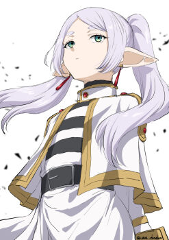 1girl belt breasts capelet dress earrings elf frieren green_eyes grey_hair highres jewelry long_hair long_sleeves looking_at_viewer meme parted_bangs pointy_ears small_breasts solo sousou_no_frieren twintails unadon upward_angle_frieren_drawing_(meme) white_capelet white_dress
