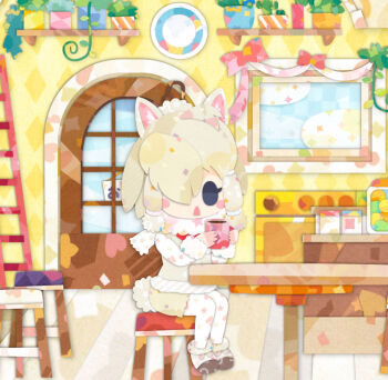 1girl alpaca_ears alpaca_girl alpaca_suri_(kemono_friends) alpaca_tail animal_ears black_eyes cafe chair coffee coffee_mug cup extra_ears full_body grey_hair hair_over_one_eye indoors kemono_friends kikuchi_milo mug pantyhose ribbon scarf shoes short_hair shorts solo sweater table tail