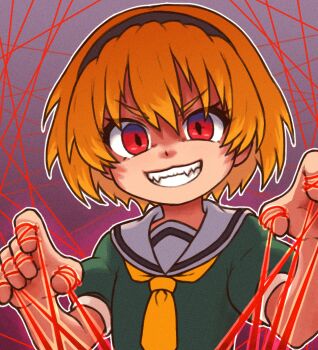 1girl ascot beachepisode black_hairband blonde_hair commentary english_commentary evil_smile gradient_background green_serafuku hairband highres higurashi_no_naku_koro_ni higurashi_no_naku_koro_ni_gou houjou_satoko looking_at_viewer outline puppet_strings purple_background red_eyes sailor_collar school_uniform serafuku shaded_face sharp_teeth short_hair short_sleeves smile solo teeth upper_body white_background white_outline white_sailor_collar yellow_ascot