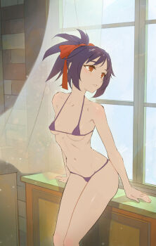 1girl bare_shoulders bikini bleach bleach:_memories_of_nobody breasts collarbone female_focus indoors legs_together light_blush navel purple_hair red_ribbon ribbon senna_(bleach) shiny_skin sitting small_breasts stomach swimsuit window yugen99