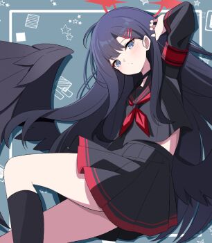 1girl armband black_choker black_sailor_collar black_serafuku black_socks black_wings blue_archive choker commentary_request feathered_wings from_side hair_ornament hairclip halo ichika_(blue_archive) kneehighs low_wings neckerchief red_armband red_halo red_neckerchief sailor_collar sasanoha_(sasanoha0712) school_uniform serafuku socks solo thighs unusually_open_eyes wings