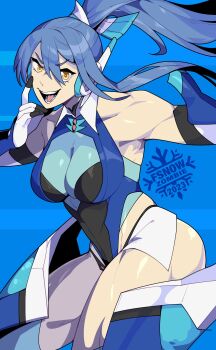 1girl artist_logo artist_name bare_shoulders blue_background blue_hair breasts cleavage commentary commission dated double-parted_bangs eiyuu_densetsu english_commentary floating_hair fsnowzombie gradient_background hair_between_eyes headset highres kazanari_tsubasa large_breasts laura_s._arseid leotard logo long_hair looking_at_viewer muscular muscular_female one_side_up open_mouth ponytail second-party_source sen_no_kiseki_(series) senki_zesshou_symphogear simple_background sleeveless smile solo sweater tachi-e upper_body