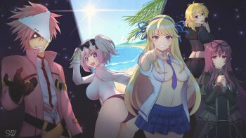+_+ 1boy 4girls :3 :p absurdres ahoge ass beach belt black_belt black_buruma black_dress black_gloves black_ribbon black_serafuku black_skirt blonde_hair blue_eyes blue_gemstone blue_necktie blue_ribbon blush bow bow_panties breasts brooch buruma cleavage closed_mouth come_hither cowboy_shot dress flower-shaped_pupils gem gloves green_eyes grin hair_between_eyes hair_bow hair_ribbon hanzou_academy_school_uniform hebijo_academy_school_uniform heterochromia hibari_(senran_kagura) highres jacket jewelry katsuragi_(senran_kagura) large_breasts lens_flare linea_alba long_hair looking_at_viewer looking_back median_furrow messy_hair midriff miniskirt mountain mountainous_horizon multiple_belts multiple_girls murasaki_(senran_kagura) navel necktie no_bra object_on_head ocean open_clothes open_mouth open_shirt original own_hands_clasped own_hands_together palm_leaf panties panties_on_head pink_hair pink_jacket pink_pupils plaid_clothes plaid_skirt plant pleated_skirt pointing pointing_at_viewer purple_eyes purple_hair revealing_clothes ribbon ryouna_(senran_kagura) school_uniform senran_kagura senran_kagura_shinovi_versus senran_kagura_shoujo-tachi_no_shin&#039;ei serafuku shaded_face shiny_skin shirt shon_(seanwave) short_hair short_twintails skirt sky smile spiked_hair standing star_(sky) star_(symbol) starry_sky starry_sky_background sun symbol-shaped_pupils teeth tongue tongue_out track_jacket twintails underwear underwear_on_head upper_teeth_only very_long_hair virtual_youtuber water waves white_panties white_shirt
