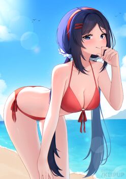 1girl beach bent_over bikini blue_eyes blue_hair blush breasts cleavage cloud commentary_request fingernails hair_ornament hairband hand_on_own_chin hand_on_own_knee highres keipup long_hair looking_at_viewer miside mita_(miside) ocean outdoors patreon_username red_bikini red_hairband sand simple_bird sky solo standing sunlight swimsuit twintails very_long_hair water