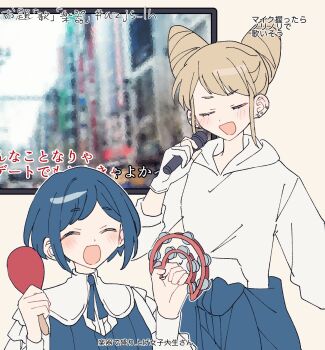 Rule 34 | 2girls, :d, ^ ^, blonde hair, blue hair, closed eyes, collared shirt, commentary request, cone hair bun, double bun, facing viewer, frilled shirt, frilled sleeves, frills, fukurai azami, hair bun, hands up, highres, holding, holding instrument, holding maracas, hood, hoodie, instrument, jasmine (toshi densetsu kaitai center), kahuka25, karaoke, long sleeves, maracas, multiple girls, music, open mouth, shirt, short hair, singing, smile, standing, tambourine, television, toshi densetsu kaitai center, translation request, white hoodie