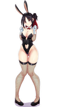 1girl aged_up alternate_breast_size_(larger) animal_ears bare_shoulders black_hair black_leotard black_shoes black_sleeves black_thighhighs blush bow bowtie breasts clothing_cutout collar detached_collar detached_sleeves fake_animal_ears female_focus fishnet_sleeves fishnet_thighhighs fishnets full_body gloves hands_up kaguya-sama_wa_kokurasetai_~tensai-tachi_no_renai_zunousen~ knees_together_feet_apart large_breasts leotard looking_at_viewer navel navel_cutout nico-mo parted_lips playboy_bunny ponytail rabbit_ears red_bow red_bowtie red_eyes shinomiya_kaguya shoes short_hair short_ponytail simple_background solo straight-on strapless strapless_leotard teeth thighhighs variant_set white_background white_collar white_gloves