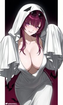 1girl artist_name blush border breasts cleavage collarbone commentary earrings english_commentary eyewear_on_head ghost_costume ghost_pose glasses gradient_background hair_intakes halloween_costume hands_up helloimtea highres honkai:_star_rail honkai_(series) jewelry kafka_(honkai:_star_rail) large_breasts leaning_forward letterboxed long_hair looking_at_viewer naughty_face no_bra paid_reward_available parted_lips pince-nez purple_background purple_eyes purple_hair round_eyewear sheet_ghost sidelocks smile solo sunglasses twitter_username white_border