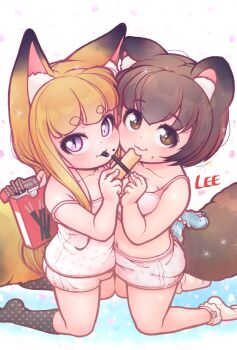 2girls :3 animal_ear_fluff animal_ears black_socks blonde_hair blush bra brown_eyes brown_hair camisole cheek-to-cheek commentary_request eating face-to-face feeding food fox_ears fox_girl fox_tail heads_together kneeling komugi_(lee) lee_(colt) loli long_hair miku_(lee) multiple_girls navel no_shoes original panties pink_eyes pocky pocky_day raccoon_ears raccoon_girl raccoon_tail short_hair shorts slit_pupils smile socks strap_slip tail underwear underwear_only white_bra white_camisole white_panties white_shorts white_socks
