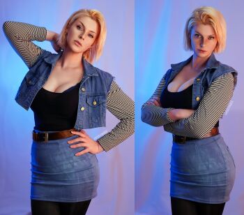 Rule 34 | 1girl, 2025, android 18, android 18 (cosplay), arms behind head, arms under breasts, black leggings, black shirt, blonde hair, blue eyes, blue jacket, breasts, cleavage, collarbone, commentary, cosplay, cosplay photo, cropped jacket, crossed arms, denim, denim skirt, dragon ball, dragonball z, earrings, english commentary, female focus, gradient background, hand on own hip, highres, jacket, jewelry, large breasts, leggings, lips, looking at viewer, miss faves, multiple views, parted lips, photo (medium), pink lips, real life, serious, shirt, simple background, skirt, standing, swept bangs, taut clothes, torn clothes, torn sleeves, upper body, v-shaped eyebrows, white background, white sleeves