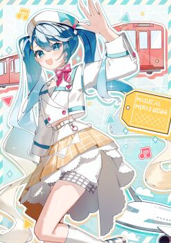 1girl absurdres aircraft airplane aqua_eyes aqua_hair belt beret blonde_hair blush bow bowtie character_name cropped_jacket gradient_hair hair_between_eyes hair_ornament hat hatsune_miku highres jacket long_hair long_sleeves looking_at_viewer magical_mirai_(vocaloid) magical_mirai_miku magical_mirai_miku_(2024) multicolored_hair musical_note open_mouth pink_bow pink_bowtie plaid_clothes plaid_skirt reirou_(chokoonnpu) shorts shorts_under_skirt skirt smile solo train twintails very_long_hair vocaloid white_belt white_hat white_jacket white_shorts yellow_skirt