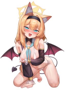 1girl all_fours animal_ear_fluff animal_ears areola_slip bikini black_collar black_hairband blue_archive blue_eyes blue_neckerchief blush breasts breath cameltoe cat_ears collar covered_erect_nipples demon_tail demon_wings detached_collar detached_sleeves fingernails grabbing_own_breast hairband halo highres long_hair looking_at_viewer mari_(blue_archive) milk_box_(leoleo963852741) navel neckerchief open_mouth orange_hair side-tie_bikini_bottom simple_background solo stomach sweat swimsuit tail third-party_source white_background white_bikini wings yellow_halo
