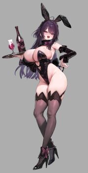 Rule 34 | 1girl, absurdres, animal ear hairband, animal ears, black shoes, black thighhighs, blush, bottle, breasts, cup, detached sleeves, drinking glass, fake animal ears, fang, freng, full body, grey background, hairband, high heels, highleg, highleg leotard, highres, holding, holding tray, huge breasts, leotard, long hair, looking at viewer, open mouth, original, purple eyes, purple hair, rabbit ear hairband, rabbit ears, rabbit tail, shoes, simple background, skindentation, solo, strapless, strapless leotard, tail, thighhighs, tray, wine bottle, wine glass