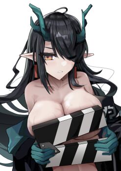 1girl absurdres aqua_horns arknights bare_shoulders black_hair black_jacket blush breasts clapperboard cleavage collarbone colored_skin covering_breasts covering_privates dragon_girl dragon_horns dusk_(arknights) earrings green_hands green_horns green_skin hair_over_one_eye highres horns jacket jewelry large_breasts lastmatch500 long_hair looking_at_viewer multicolored_hair naked_jacket nude orange_eyes pointy_ears simple_background solo streaked_hair tassel tassel_earrings white_background