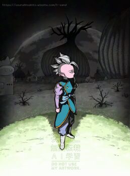 1boy bare_tree black_eyes blue_pants blue_vest boots building colored_skin commentary_request dark dragon_ball dragon_ball_daima full_body grass highres kisakitouge_mari long_sleeves looking_to_the_side male_focus mohawk outdoors pants parted_lips pink_skin plant pointy_ears profile puffy_long_sleeves puffy_sleeves purple_shirt ruins shin_(dragon_ball) shirt short_hair solo spiked_hair standing tree vest watermark web_address white_boots white_hair