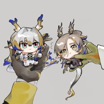 Rule 34 | 0723 yuan shang fuhuo ban, 1boy, 1girl, :t, aqua eyes, arknights, bare shoulders, bead bracelet, beads, black hands, black nails, black robe, black shoes, blonde hair, blue hair, bracelet, brother and sister, brown eyes, brown hair, center-flap bangs, chibi, chinese commentary, closed mouth, colored extremities, commentary request, dragon boy, dragon girl, dragon horns, dragon tail, dual persona, ear piercing, earrings, eastern dragon tail, eyeliner, full body, green hands, grey background, hair between eyes, hair intakes, hair rings, holding, holding mini person, horns, jacket, jewelry, ji (arknights), long hair, long sleeves, looking ahead, looking at another, makeup, medium hair, mini person, miniboy, minigirl, mole, mole under eye, multicolored hair, necklace, off shoulder, orange eyeliner, pants, piercing, pointy ears, pout, puff of air, robe, shirt, shoes, shu (arknights), siblings, simple background, single hair ring, smile, strapless, strapless shirt, streaked hair, swept bangs, tail, tearing up, tube top, white hair, white jacket, white pants, white tube top