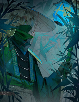 Rule 34 | 1boy, animification, armor, artist name, bamboo, black gloves, blonde hair, commentary, covered mouth, cowboy shot, cykko, dated, dou, english commentary, gloves, glowing, glowing eyes, green eyes, green kimono, green mask, grey hakama, hakama, hat, highres, holding, holding lantern, japanese armor, japanese clothes, kimono, lantern, light particles, lloyd garmadon, long sleeves, looking at viewer, male focus, mask, mouth mask, ninjago, ninjago: dragons rising, outdoors, prototype design, rice hat, short hair, shoulder armor, solo, twitter username, watermark, wide sleeves