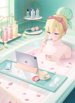 1girl absurdres aizawa_ema bath bathing bathtub blonde_hair blue_eyes bow_hairband breasts candle cellphone cleavage cup eating food gradient_hair green_hair hair_bun hairband highres holding holding_spoon ice_cream in_bathtub indoors large_breasts multicolored_hair nude petals phone pink_petals puni_(yuuki-0215) shampoo_bottle smartphone soap_dispenser solo spoon tablet_pc tea teacup virtual_youtuber vspo! window