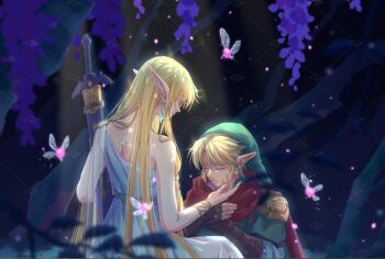 1boy 1girl armor blonde_hair brown_gloves cloak closed_eyes dress earrings fairy fingerless_gloves flower gloves green_hat green_tunic hand_on_another&#039;s_cheek hand_on_another&#039;s_face hat hylia jewelry link long_dress long_hair master_sword nintendo parted_bangs phrygian_cap pointy_ears red_cloak short_hair shoulder_armor single_bare_shoulder sitting the_legend_of_zelda the_legend_of_zelda:_skyward_sword tunic watermark white_dress wisteria yukina_myu