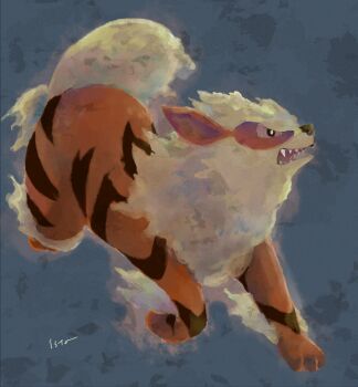 animal_focus animal_hands arcanine black_eyes blue_background dog fangs fangs_out fluffy full_body gen_1_pokemon isutai looking_to_the_side nintendo no_humans open_mouth orange_fur pokemon pokemon_(creature) simple_background solo standing yellow_fur