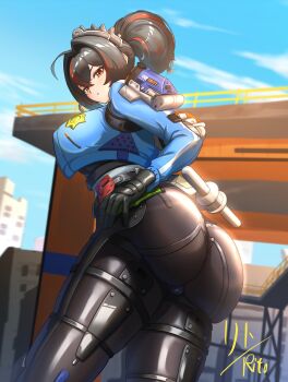 1girl 2025 alternate_breast_size_(larger) artist_name black_gloves black_hair black_pants black_shoes blue_jacket blue_trim breasts cameltoe capelet city closed_mouth clothes_writing commentary cowboy_shot cropped_jacket day english_commentary eyebrows_hidden_by_hair gloves hairdressing hand_on_own_hip handlebar high-waist_pants highres holster jacket knee_pads large_breasts long_hair long_sleeves looking_at_viewer multicolored_hair outdoors pants police police_uniform policewoman ponytail red_eyes red_hair rito_art rooftop serious shoes shoulder_holster sideboob streaked_hair sunlight thick_thighs thighs two-tone_hair variant_set white_background zenless_zone_zero zhu_yuan