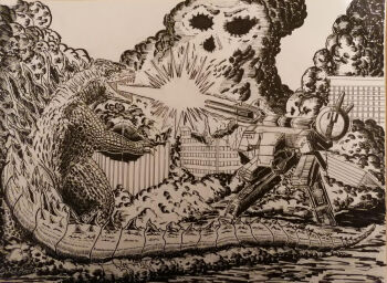 atomic_breath autocannon battle beam_clash building cannon city crossover destruction dinosaur directed-energy_weapon energy energy_beam energy_cannon energy_clash energy_weapon fighting free-electron_laser_cannon gau-8_avenger giant giant_monster godzilla godzilla_(2014) godzilla_(series) gun jack_redmond kaiju konami laser_cannon laser_weapon legendary_pictures machine_gun magnetic_weapon mecha metal_gear_(series) metal_gear_rex metal_gear_solid military military_vehicle monocrome monster monsterverse no_humans projectile_clash radome railgun robot rotary_cannon skull smoke spikes tail toho war weapon xgau-8r