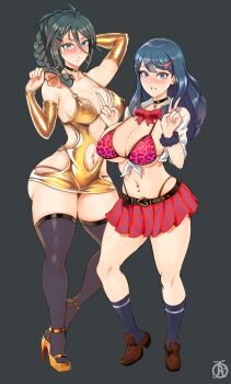 2girls absurdres alternate_costume animal_print areola_slip backless_dress backless_outfit bare_shoulders black_choker black_thighhighs blue_eyes blue_hair blush bow bowtie bra braid breasts choker cleavage clothing_cutout covered_erect_nipples detached_sleeves double_v dress earrings fire_emblem gold_dress green_hair gyaru hair_between_eyes hair_ornament hairclip high_heels highres jewelry kurono_kiria large_breasts leopard_print long_hair looking_at_viewer midriff miniskirt multiple_girls navel navel_cutout navel_piercing nintendo nipple_piercing open_mouth oribe_tsubasa panty_straps piercing plaid_clothes plaid_skirt ponytail revolverwing scrunchie shirt short_dress short_sleeves skirt smile thighhighs tied_shirt tokyo_mirage_sessions_fe underwear v white_shirt wrist_scrunchie