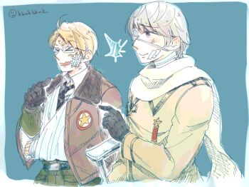 >_< 2boys ^^^ ahoge america_(hetalia) arm_sling arrow_(symbol) artist_name axis_powers_hetalia bandaged_neck bandages bandaid bandaid_on_cheek bandaid_on_face belt black-framed_eyewear black_belt black_gloves black_necktie blonde_hair blue_background blush border brown_jacket cane closed_eyes closed_mouth coat collared_coat collared_shirt commentary_request eyepatch fur-trimmed_jacket fur_trim glasses gloves green_jacket grey_hair hand_up hikanika holding holding_cane implied_after_fight jacket long_sleeves looking_to_the_side male_focus medal military military_jacket military_uniform multiple_boys necktie open_clothes open_jacket open_mouth pocket pointing pointing_at_another puffy_long_sleeves puffy_sleeves purple_eyes russia_(hetalia) scarf semi-rimless_eyewear shirt short_hair simple_background star_(symbol) star_ornament star_print upper_body v-shaped_eyebrows white_border white_scarf white_shirt yellow_coat